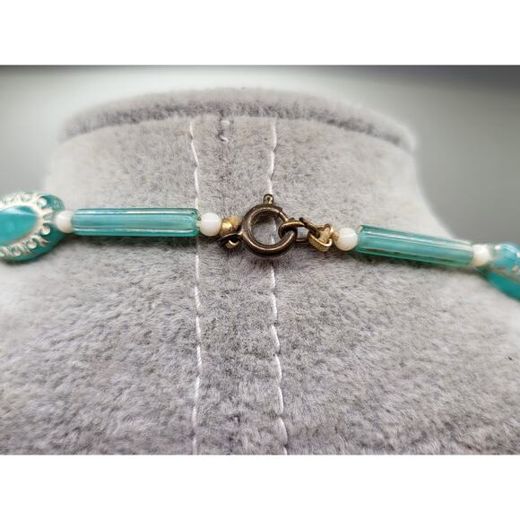 Vintage 1960s Japanese Carved Lucite Aqua Floral Bead Necklace 54 Inch Long - Picture 9 of 10